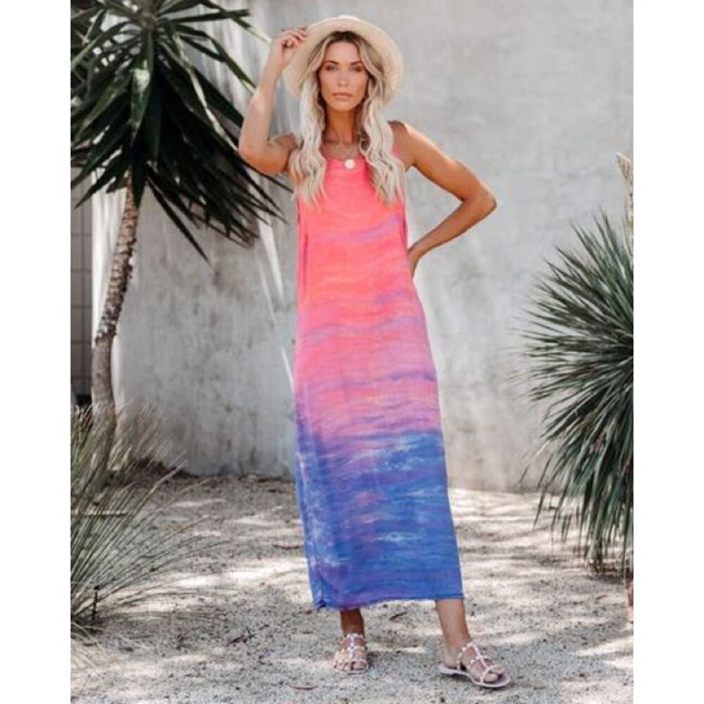 Sam Lavi Sunset Soiree Frayed Tank Maxi Dress Size Medium Cover Up Ombré